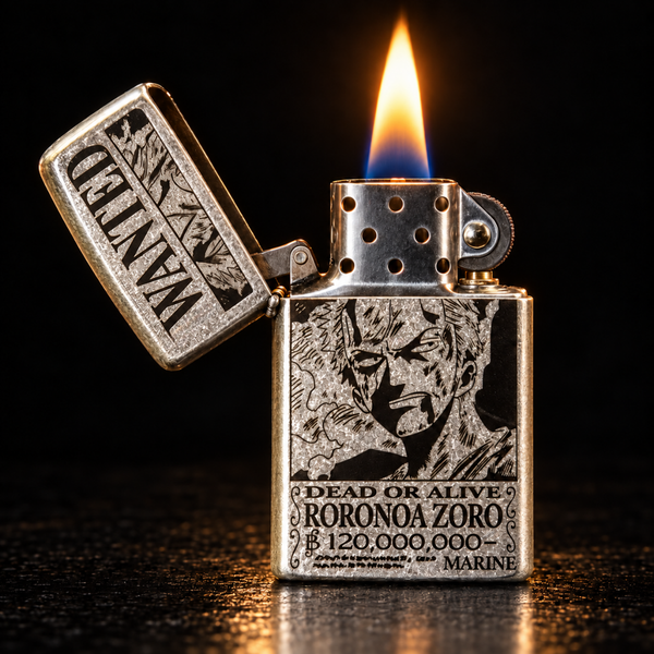 A silver metal lighter with a flame lit, featuring a black-and-white anime-style portrait