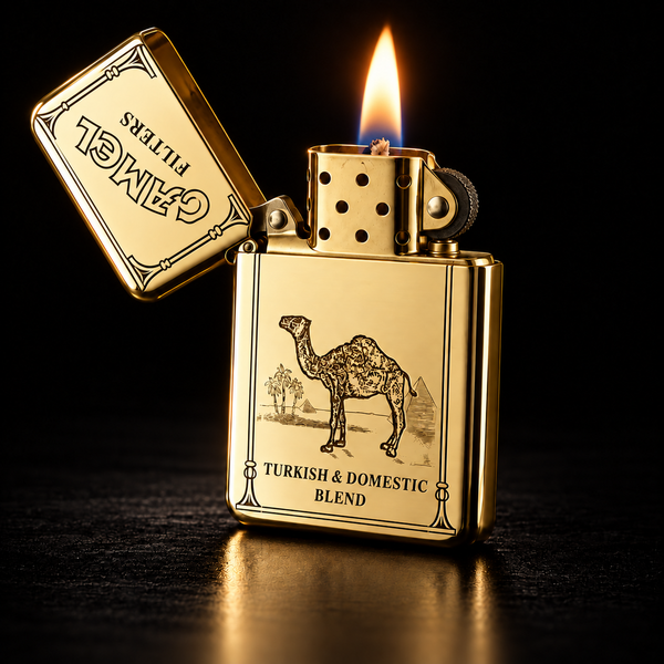 A gold-toned Camel lighter with its lid open, showing the brand name 'Camel Filters'
