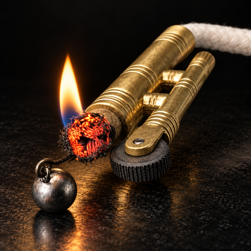 A brass fire starter lighter with a black textured wheel base, shown lit with a bright flame and a small metal ball hanging from the rope