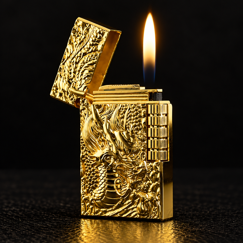 A gold-toned lighter with an ornate dragon design on the front and a lit flame, photographed against a dark black background.