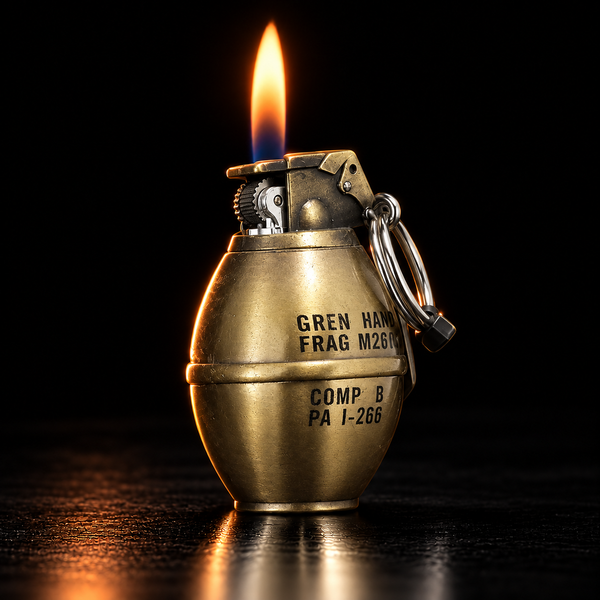 A novelty lighter shaped like a grenade, shown lit with a flame against a black background.
