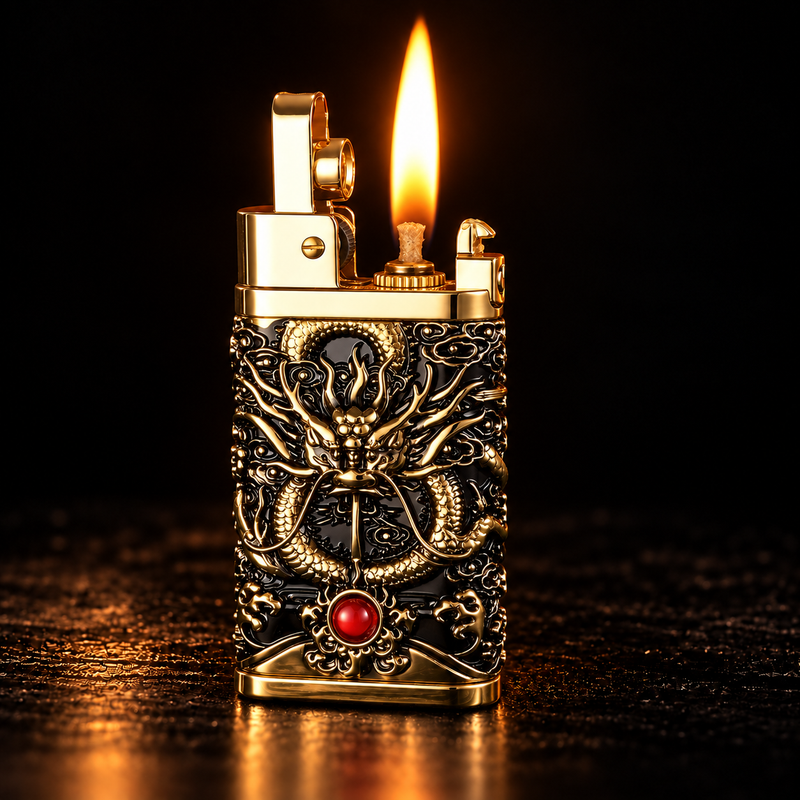A gold and black dragon-themed lighter with a lit flame, set on a dark reflective surface against a black background.