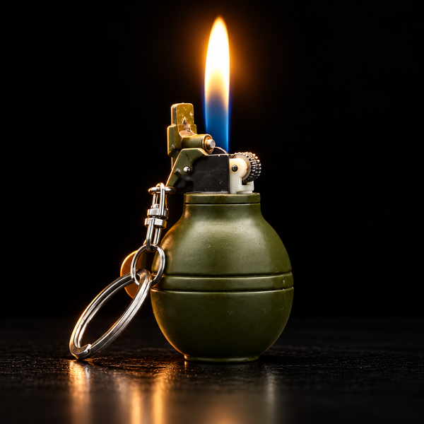 An olive green grenade-shaped key lighter with a silver metal key ring, shown lit with a bright flame against a black background.