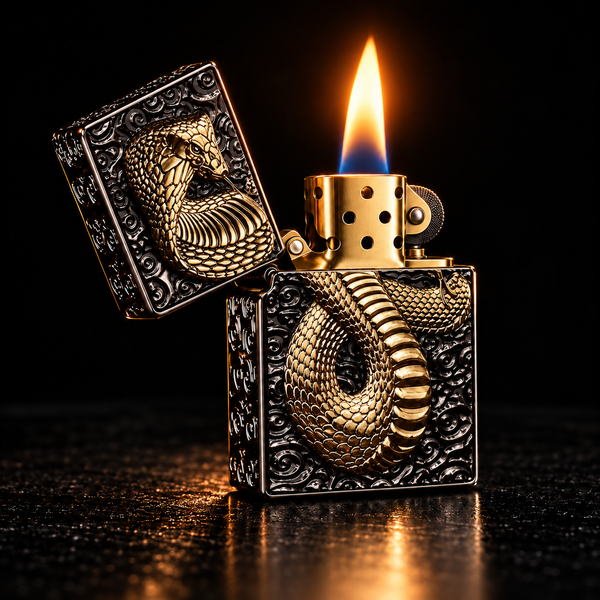 A decorative lighter with an embossed dragon design in polished gold and dark metallic silver, shown open with a bright flame against a black background.