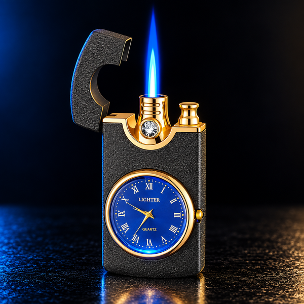 A luxury pocket lighter with a black textured finish and gold accents, shown lit with a blue flame.
