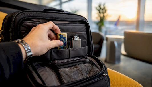 Person placing lighters into carry-on bag
