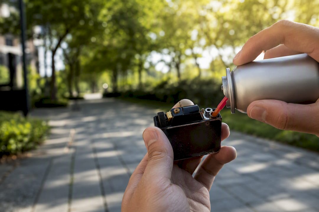 Hands refilling butane lighter outdoors