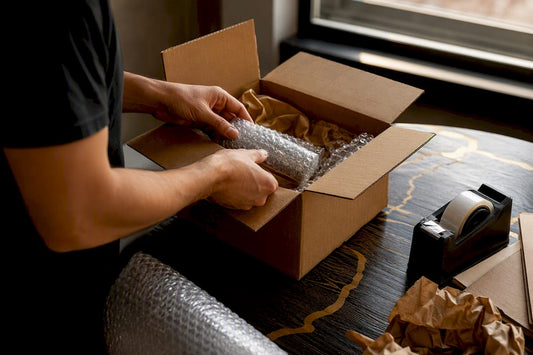 Hands packing lighter for shipping
