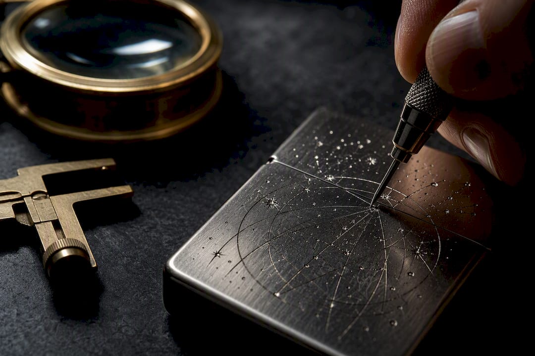 Close-up of coordinate-inspired lighter engraving