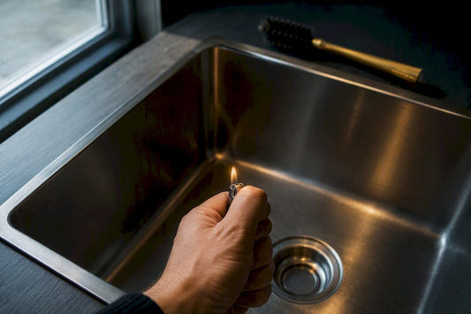 Hand testing lighter safely over sink