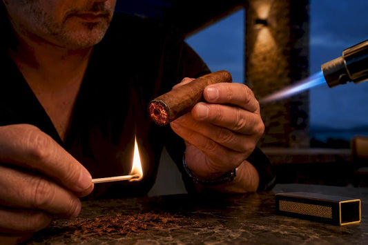 Cigar foot lit with match and torch