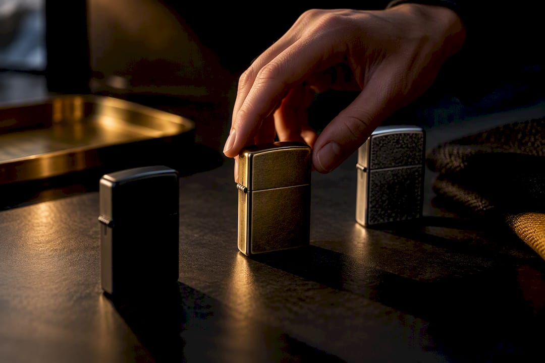 Anonymous stylish lighter cases on dark tabletop