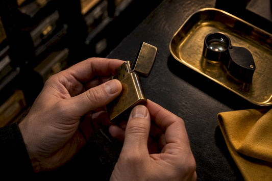 Collector examining a lighter’s hinge and case edge