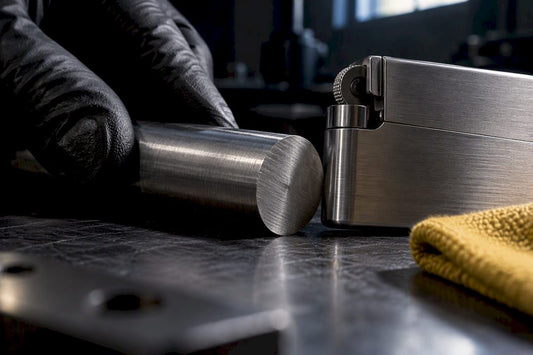 Cropped titanium lighter beside alloy stock