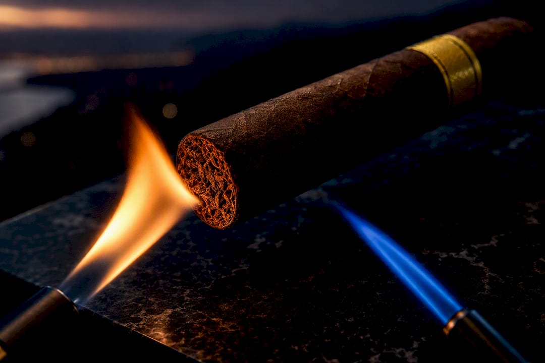 Soft and jet flames beside cigar