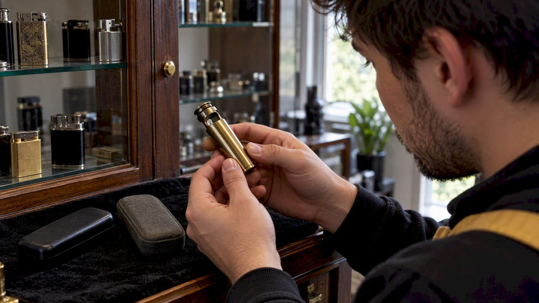 Collector examining a bullet shell lighter