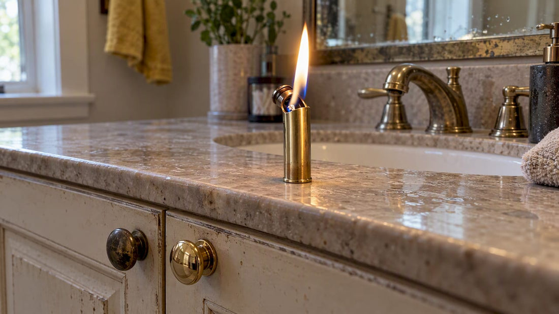 Patinated brass beside polished brass lighter