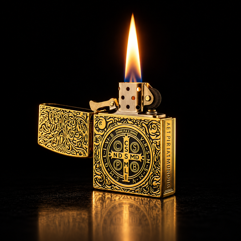 An ornate gold lighter with intricate engraved patterns and a circular emblem on the front, shown lit with a bright flame against a black background.