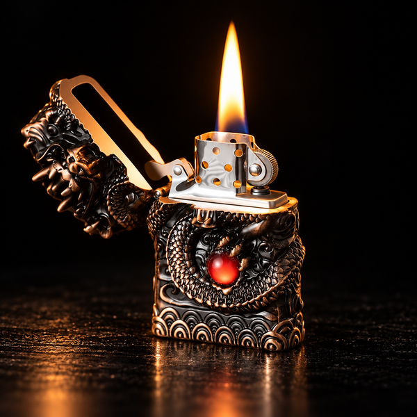 An ornate dragon-themed lighter with a silver body, black engraved details, and a red gemstone, shown lit with a bright flame against a dark background.