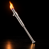 A metallic folding torch lighter with a bright orange and yellow flame ignited — view 2
