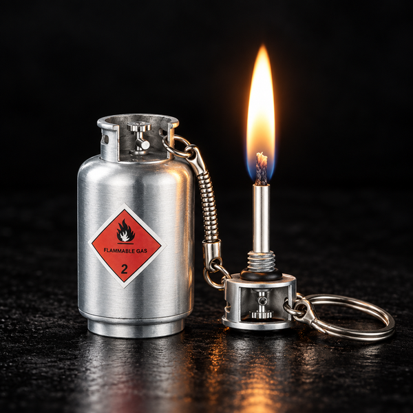 A miniature silver gas cylinder keychain lighter stands next to an open flame torch keychain lighter on a dark reflective surface against a black background. 