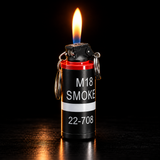 A novelty lighter shaped like a smoke grenade, shown lit on a dark reflective surface. The body is black with a red top band — view 3
