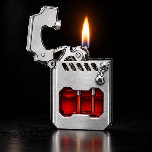 A brushed silver metal lighter with a bright orange flame lit, featuring a transparent red liquid reservoir inside the body