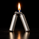 A brushed metal butterfly-style lighter with two open cylinders and a lit flame, — view 4
