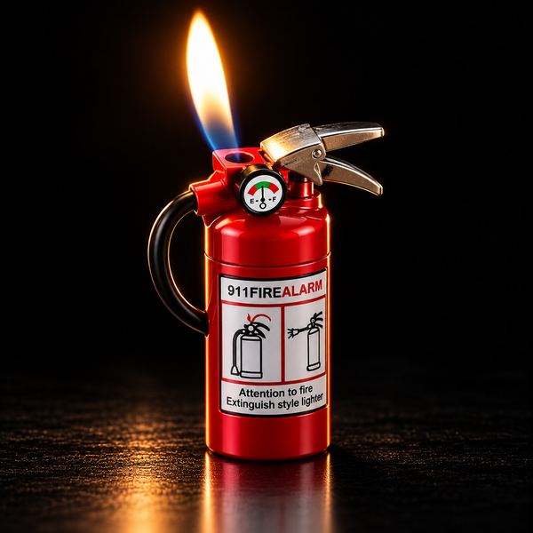 A novelty lighter shaped like a red fire extinguisher, shown lit with a bright flame against a dark background. 