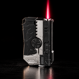 A futuristic black and silver sci-fi style lighter with a bright red laser beam — view 1