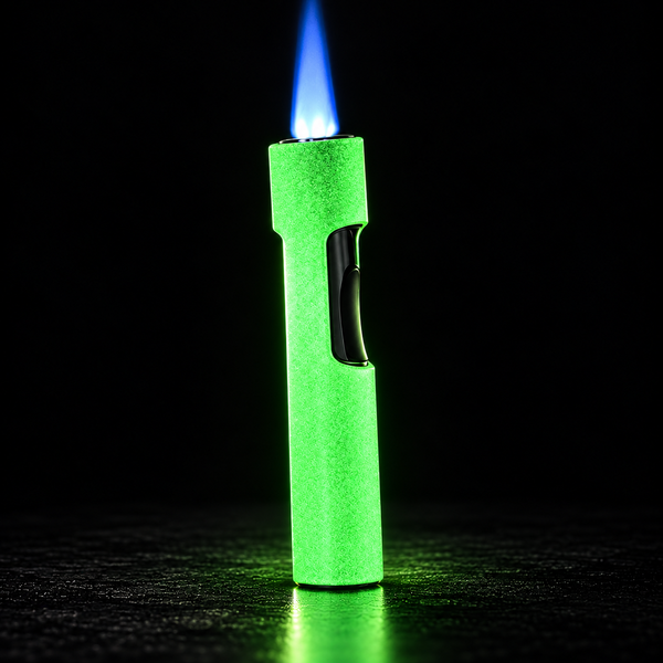 A green textured lighter with a black side button, shown lit with a blue flame against a black background.