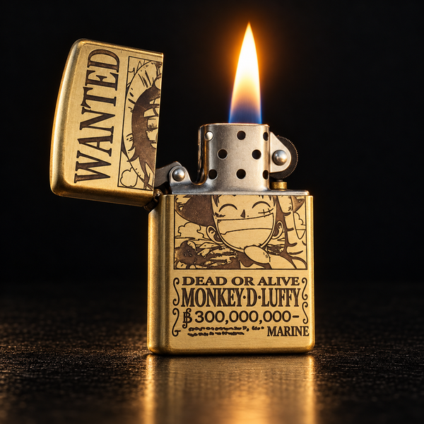 A gold-toned lighter with a lit flame, featuring anime-style artwork and the text 'WANTED' on the lid