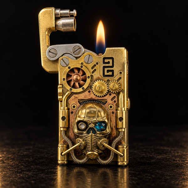 A steampunk-style lighter with a metallic gold and bronze body, featuring a skull and gear design