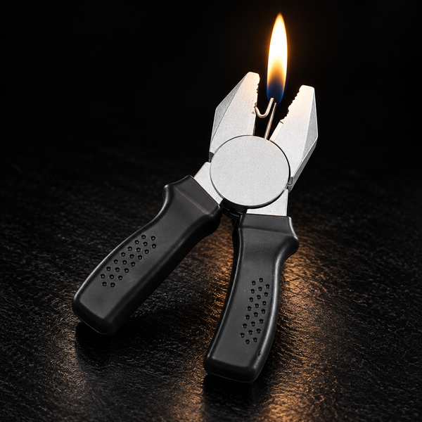 A pair of pliers with black textured handles and silver metal jaws, shown with a flame ignited 