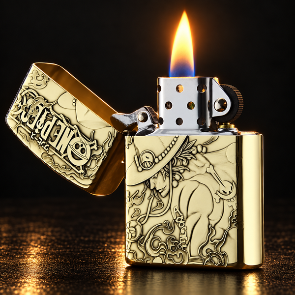 A gold-toned metal lighter with ornate engraved artwork and a silver igniter