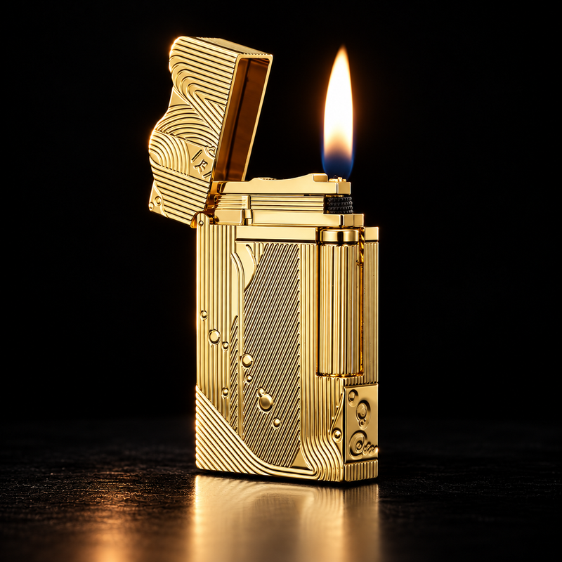 A gold lighter with intricate geometric and wave patterns, shown open with a lit flame against a solid black background.