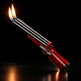 A double-flame torch lighter with a glossy red marbled handle and polished silver metal barrel — view 1