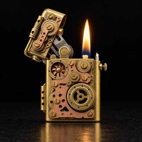 A steampunk-style lighter with intricate brass and copper gears