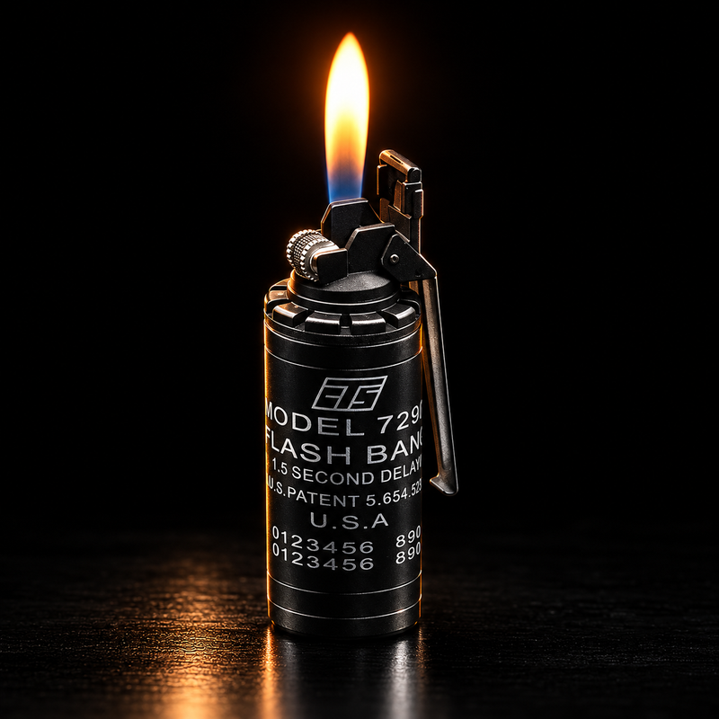 A black metal flashbang lighter with a visible flame, standing upright on a dark reflective surface against a black background