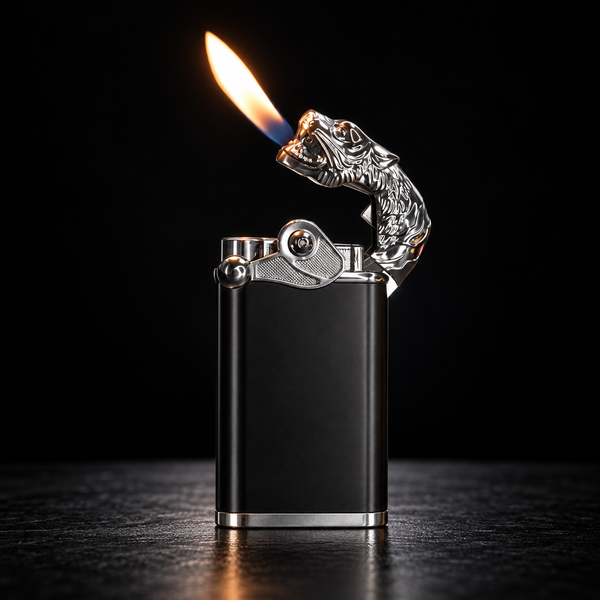 A black rectangular lighter with polished silver metal accents, including a sculpted tiger head igniter