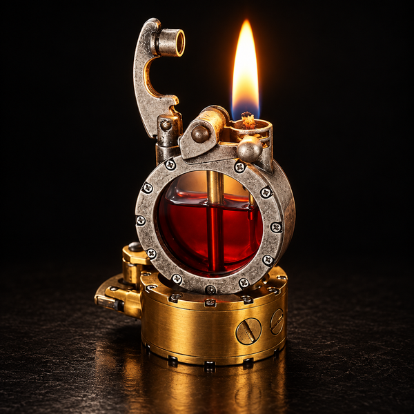 A steampunk-style lighter with a brass base, silver metal body, and a visible flame