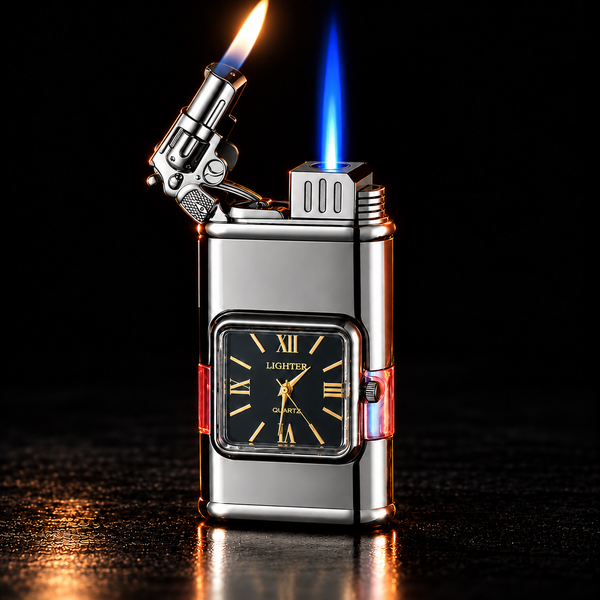 A metallic silver pocket watch lighter with a black clock face and gold Roman numerals